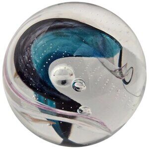 Wilkerson Paperweight Controlled Bubbles Teal White Glitter Signed 99 Vtg